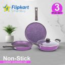Flipkart SmartBuy Royal Purple Elegant Fry Pan, Dosa Tawa & Kadhai/Kadai With Glass Lid Induction Bottom Non-Stick Coated Cookware Set  (Aluminium, 4 - Piece)...