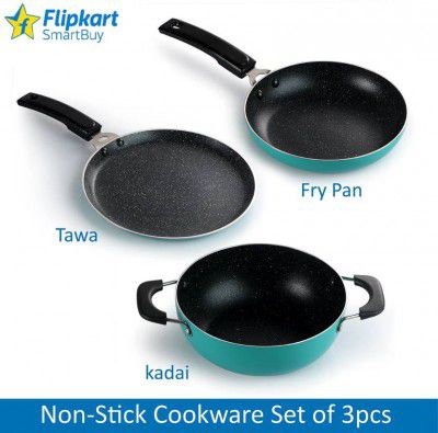 Flipkart SmartBuy Spetter Finish 3 Piece Non-Stick Combo Set of Dosa Tawa, Fry Pan & Kadhai Non-Stick Coated Cookware Set (Aluminium, 3 - Piece)