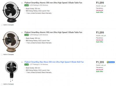 Flipkart Smartbuy Table & Wall Fans Starts @ ₹1099