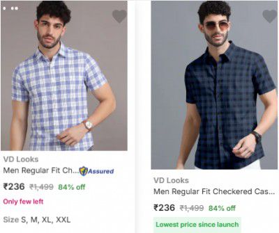 Flipkart: Up to 84% OFF - Vd Looks Casual Shirts | For Mens