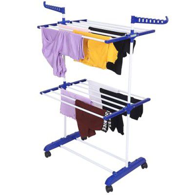 FLIPZON Premium Clothes Stand for Drying with Wheels | 2 Layer Rack for Balcony | Foldable Wings (White & Blue)