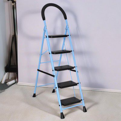 FLIPZON Premium Foldable 5-Step Foldable Ladder – (Iron Ladder, Black & Sky Blue)