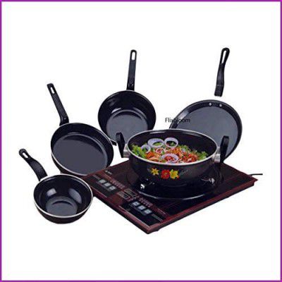 FLIXBLOOM Perfect Collection Combo Set of 5 Pcs Induction Base Cookware Sets Black (Kadai, Tawa, Milk Pan, Sauce Pan, Fry Pan)