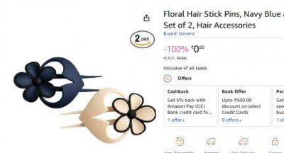 Floral Hair Stick Pins, Navy Blue and Beige, Flower Design, Set of 2, Hair Accessories