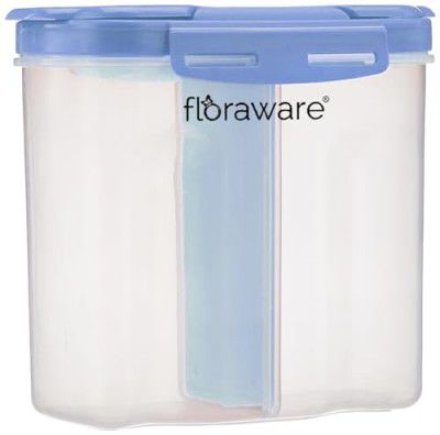 Floraware 2 Section Space Saver Air Tight, PET Transparent Plastic Container for Grocery, Flour, Snacks, Cereal, Grain Kitchen Storage Container, 2000 ML, 2 in 1, Air Tight, set 1, Blue