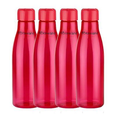Floraware Food Grade Premium Plastic Fridge Round Water Bottle, Drinking Bottle, 1000ml Pack of 4, Red