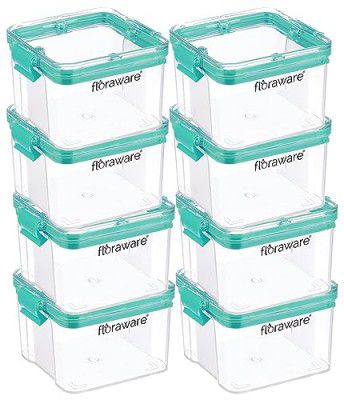 Floraware Food Safe Modular Plastic Square Airtight Containers, Stackable container, Storage Jar with Lid, Pack of 8, 400ml, Blue