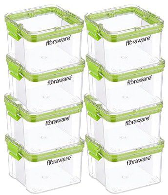 Floraware Food Safe Modular Plastic Square Airtight Containers, Stackable container, Storage Jar with Lid, Pack of 8, 400ml, Green