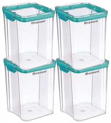 Floraware Food Safe Modular Plastic Square Airtight Containers, Stackable container, Storage Jar with Lid, Pack of 4, 1200ml, Blue
