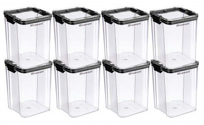 Floraware Food Safe Modular Plastic Square Airtight Containers, Stackable container, Storage Jar with Lid, Pack of 8, 1200ml, Black