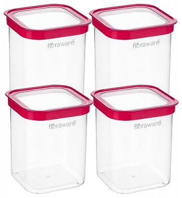 Floraware Food Safe Plastic Multiuse Square Fit-Lock Airtight Storage Jar, Grocery Container, BPA free, 1150 ML (Set 4, Pink)