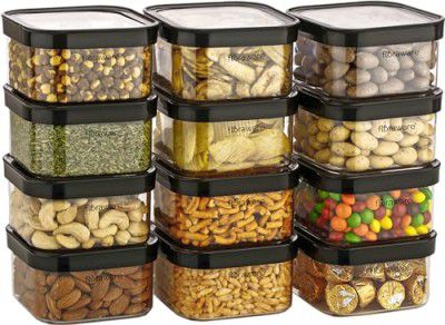 Floraware Food Safe Plastic Multiuse Square Fit-Lock Airtight Storage Jar,Containers for Kitchen Storage Set I Grocery Kitchen Container Set I Multipurpose Jar, 450 ml, set 12 BPA free, Black