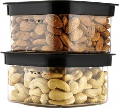 Floraware Food Safe Plastic Multiuse Square Fit-Lock Airtight Storage Jar, Containers for Kitchen Storage Set, 450 ml, set 2 BPA free, Black