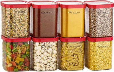 Floraware Food Safe Plastic Multiuse Square Fit-Lock Airtight Storage Jar,Containers For Kitchen Storage Set, 1150 ml, set 8 BPA free, Pink