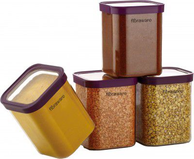 Floraware Food Safe Plastic Multiuse Square Fit-Lock Airtight Storage Jar, Grocery Container, 1150 ml, set 4 BPA free, Purple