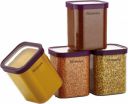 Floraware Food Safe Plastic Multiuse Square Fit-Lock Airtight Storage Jar, Grocery Container, 1150 ml, set 4 BPA free, Purple...