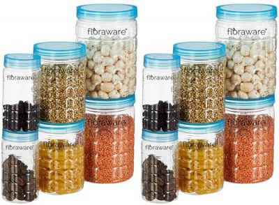 Floraware Jar Container, Set of 12 (4 pcs x 280 ml Each, 4 pcs x 500 ml Each, 4 pcs x 1000 ml), Kitchen Organiser, BPA Free, Stackable (Blue)