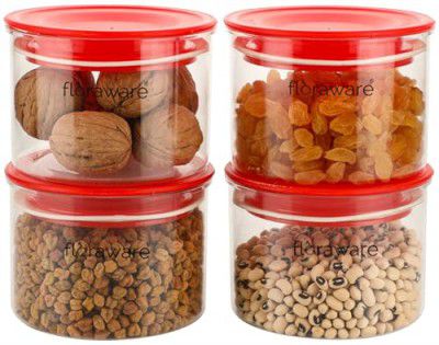 Floraware Plastic Air Tight BPA Free Round Push Multipurpose Matte Lid Containers Set, Snacks Storage 500ml Pack of 4 (Red)