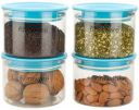 Floraware Plastic Air Tight BPA Free Round Push Multipurpose Matte Lid Containers Set For Kitchen Storage Organizer for Grains, Spices, Snacks Storage 500ml Pack of 4 (Blue)...