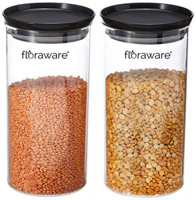 Floraware Plastic Air Tight BPA Free Stackable Round Push Multipurpose Containers Organizer 1400ml Pack of 2 (Black)
