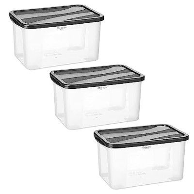 Floraware Plastic Food Safe Multiuse Storage Container, Fridge Storage Container with Lid, 2000ml, Pack of 3, BPA Free, Black