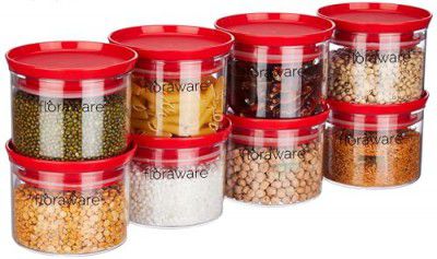 Floraware Plastic Storage Jar and Container Set Multipurpose Jar, 500 Ml Each, (Red, Set of 8)