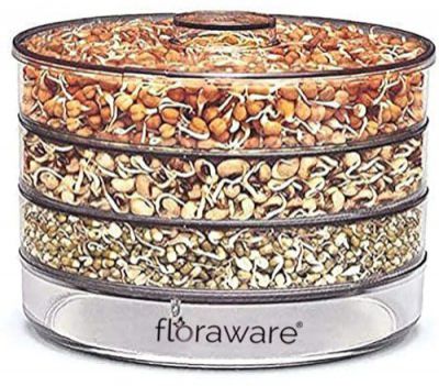 Floraware Sprout Maker with Compartments for Multi Purpose Use - 500ml Plastic Grocery Container Sprouted Grains Seeds Dal Channa Chole Ragi Organic Sprouting Jar (4 Layer, Silver)