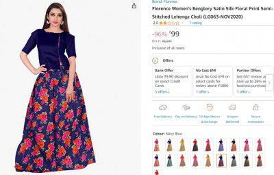 Florence Womens Benglory Satin Silk Floral Print Semi-Stitched Lehenga Choli (LG063-NOV2020)