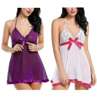 FLUTE Women Net Floral Above Knee Baby Doll Lingerie with Panty Free Size Gift Wrapped