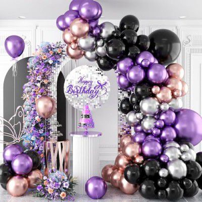 Flyloons 25 pcs Black Rose Gold Purple Silver Metallic Chrome Balloons