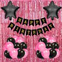 Flyloons Birthday Decoration Items for Girls Boys with Black and Pink theme Metallic Balloons, Black Star Foil Balloons, Pink Foil Curtain, Pink Banner...