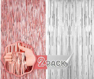 Flyloons Rose Gold and Silver Foil Curtains for Birthday Decoration Items Backdrop Pack of 2 Baby Shower Anniversary, Marriage, Bachelorette Party Celebration Theme