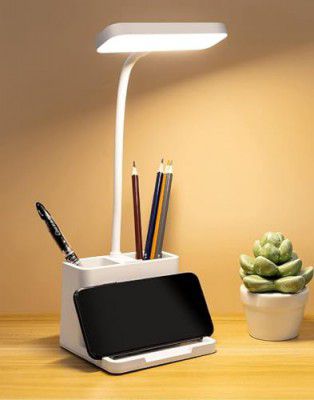FLYNGO Plastic 3 Color Mode Led Study Table Desk Lamp For Students With Pen & Phone Holder, Rechargeable Touch On/Off Studying