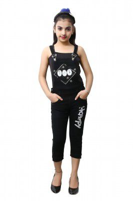 FNOCKS Girls Casual WEAR Slim FIT Trendy Blue Denim Dungaree Capri (Black