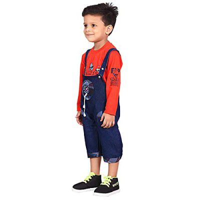 FOCIL Baby Boy's and Baby Girl's Full Sleeve Fitta Denim Dungree With T-shirt for Kids