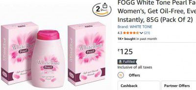 FOGG White Tone Pearl Face Powder For Women's, Get Oil-Free, Even-Toned Skin Instantly, 85G (Pack Of 2)