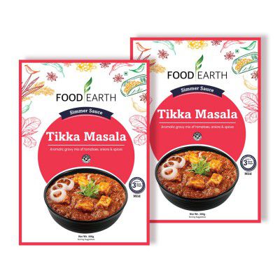 Food Earth Tikka Masala Simmer Sauce – Authentic Indian Curry Base with Creamy Tomato & Spices – No Added Preservatives – 300g Pouch (Serves 2-3) | Pack of 2