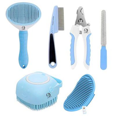 Foodie Puppies 5-in-1 Grooming Combo of (Oval Slicker Brush, Flea Comb, Silicone Bath Brush, Soothing Glove, Nail Clipper & Filer) for Dogs & Cats I Self-Cleaning Tools for Grooming (Color May Vary)