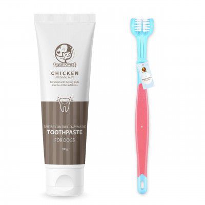Foodie Puppies Pet Dental/Oral Care Combo of Toothbrush and Toothpaste - (Triplehead Toothbrush + Chicken Toothpaste, 100g)