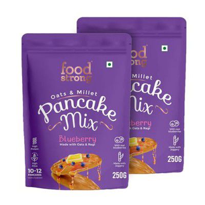 Foodstrong Oats and Millets Blueberry Pancake Mix, High Protein & Fibre, No Maida, No Refined Sugar - Made With Jaggery, Eggless Instant Breakfast Mix 250G (Pack Of 2)