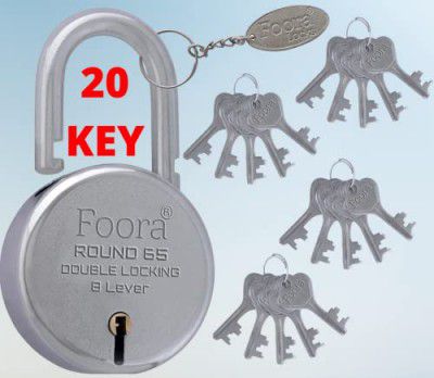 Foora Round 65mm Lock | Metal Body | Double Locking | 8 Steel Lever | 20 Silver Keys with Keychain | Silver Finsih | Made in India | Export in USA | Canada