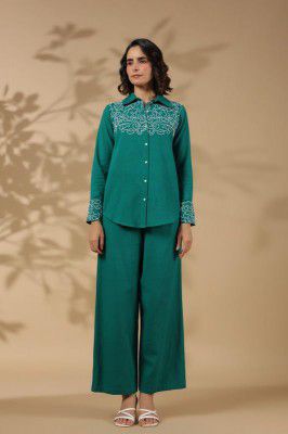 Forest Green Work Detailed Front Cotton Flex Co-Ord Set
