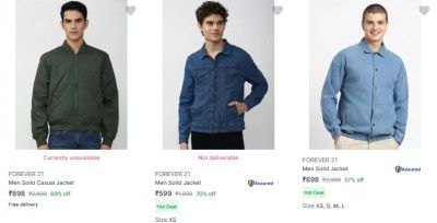 Forever 21 Men's Jackets upto 82% off starting From Rs.539