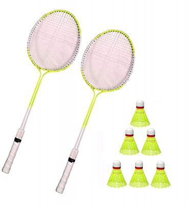 Forgesy Steel Double Shaft Badminton Racquet with 6 Nylon shuttles - Set of 2