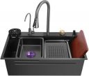 Fossa Waterfall Workstation Kitchen Sink With Pull-Out Faucet Size 75x46cm FS-WF1 Top Mount  (BLACK)...