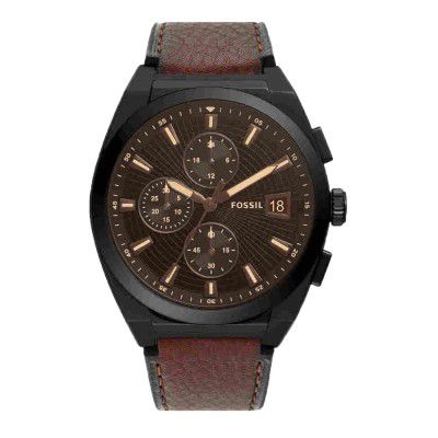 Fossil Mens 42 mm Everett Black Dial Leather Chronograph Watch - FS5798I