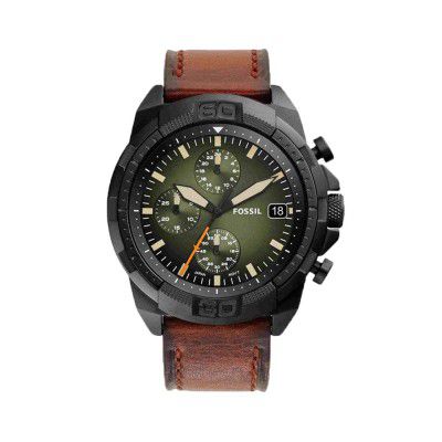 Fossil Mens 44 mm Bronson Green Dial Leather Chronograph Watch - FS5856I