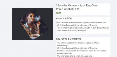 Free EazyDiner Prime (3 Months) Worth Rs.695