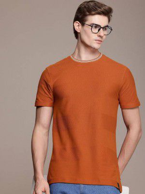French Connection Men Self Design Round Neck Pure Cotton Red T-Shirt