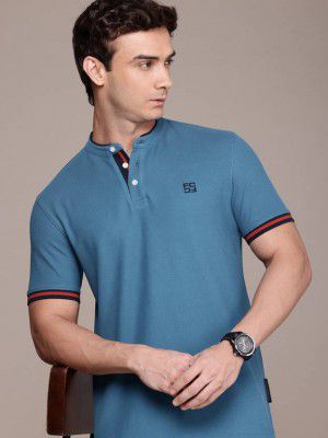 French Connection Men Solid Henley Neck Pure Cotton Blue T-Shirt